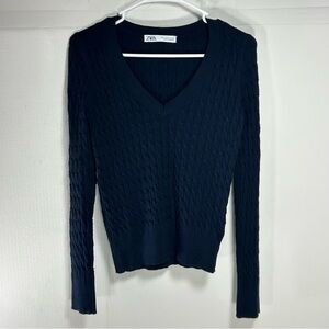 Zara Women's Long Sleeve V-Neck Cable Knit Sweater in Deep Blue Size S